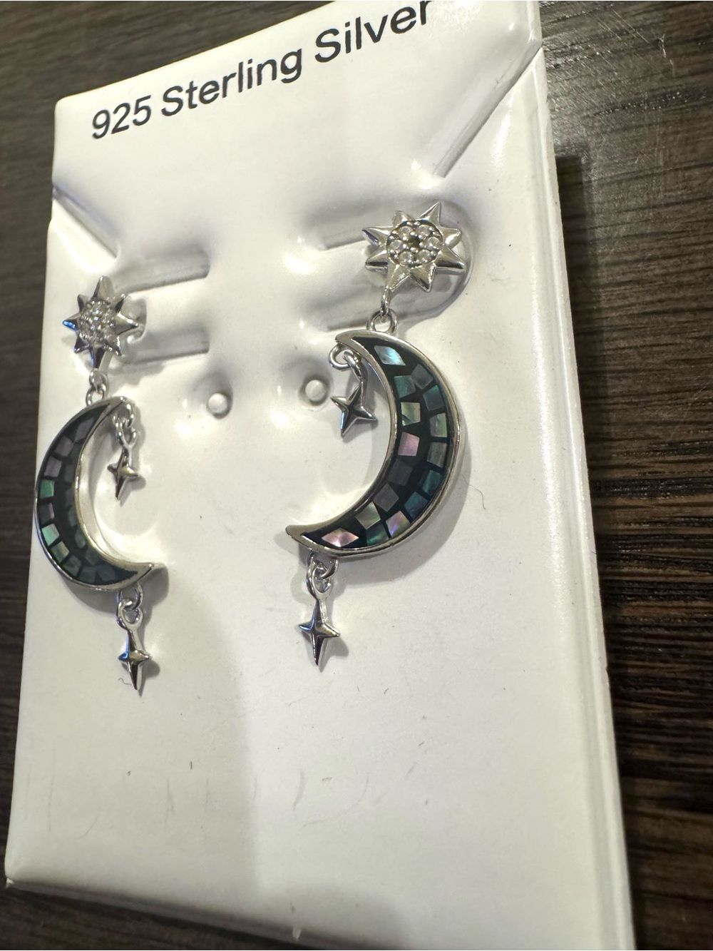 Sterling Silver Celestial Moon Star Mother of Pearl Inlay Drop Earrings Abalone - Picture 3 of 9